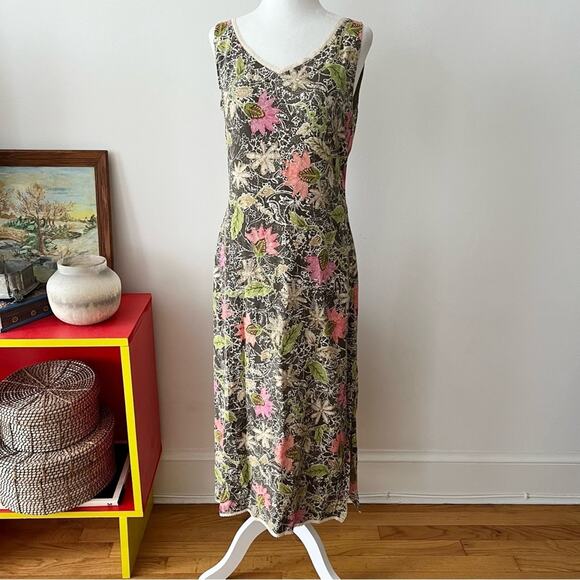 Vintage 90s Sigrid Olsen Green and Brown Floral Midi Dress - Picture 1 of 5